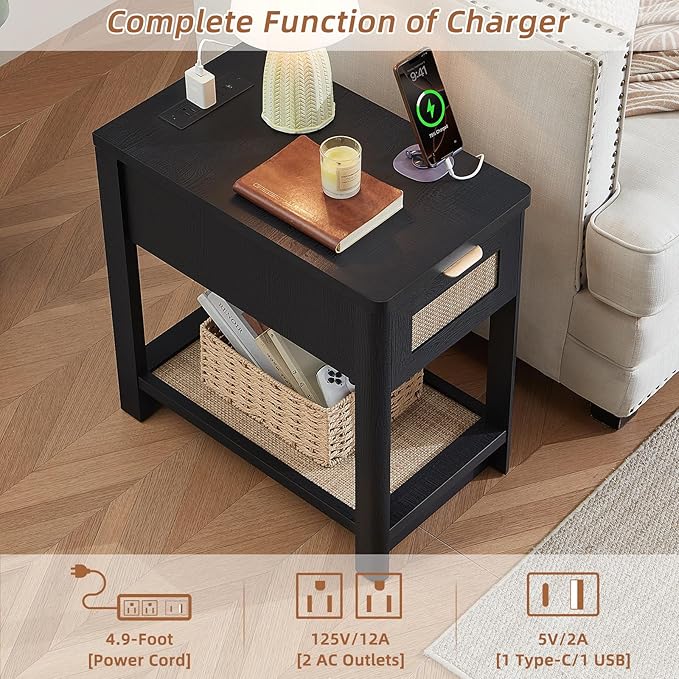 Lerliuo Narrow Night Stand with Charging Station, Boho Nightstand with Drawer, Bed Side End Table with Rattan Shelf for Small Spaces, Wood Nightstands Bedside Tables for Living Room Bedroom