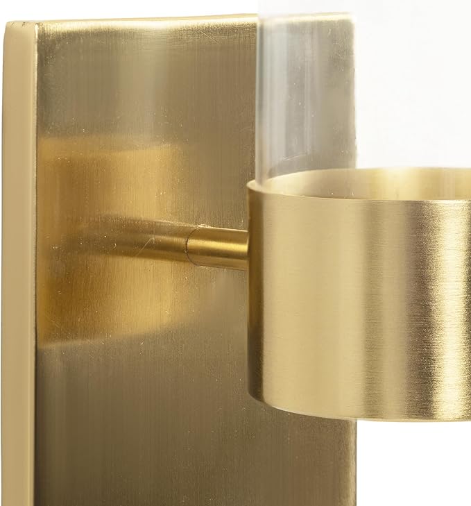 Kate and Laurel Zabler Modern Metal Wall Sconce, 5 x 6 x 10, Gold, Round Candle Holder with Removable Glass Cylinder for Flameless Candle Display in Bedroom or Bathroom