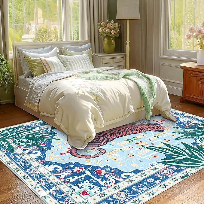 Washable Non-Slip 5x7 Blue Tiger Rug for Boys Room Bedroom Dining Room Boho Vintage Whimsical Animal Cheetah Print Jungle Rug Soft Cozy Tropical Woodland Carpet for Playroom Living Room