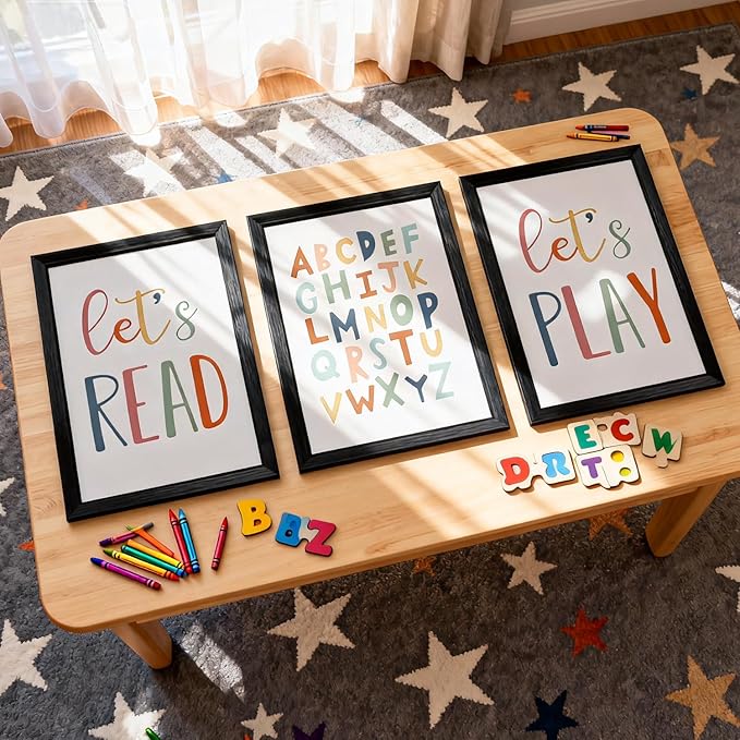 3 PCS Alphabet Framed Playroom Wall Decor,Classroom Must Haves Boho Educational ABC Poster Wooden Sign for Baby Girl Kid Boy Toddlers,Neutral Preschool English Letters Nursery Decor for Homeschool Kindergarten Kids Learning Black