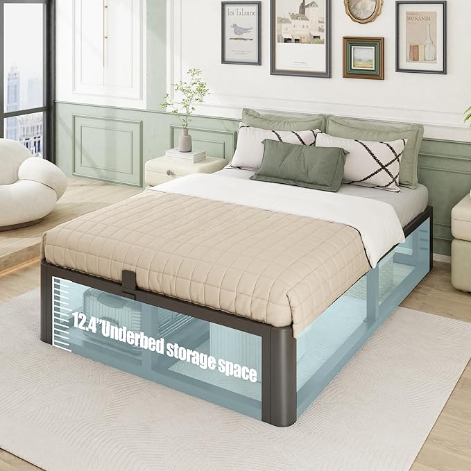 Metal Heavy Duty 14 inch Queen Bed Frame with Rounded Corner and Headboard Hole Mattress Retainers 3500 LBS No Box Spring Needed Platform Noise Free Easy Assembly