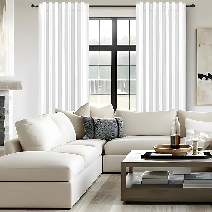 BrightWhite 100% Blackout Cafe Curtains 45 Inches Long 2 Panels Set, Short Linen Heat Blocking Drapes 46 Inch Small Window Decor for Kitchen Bedroom Bathroom Thermal Insulated Textured Look Hook Belt