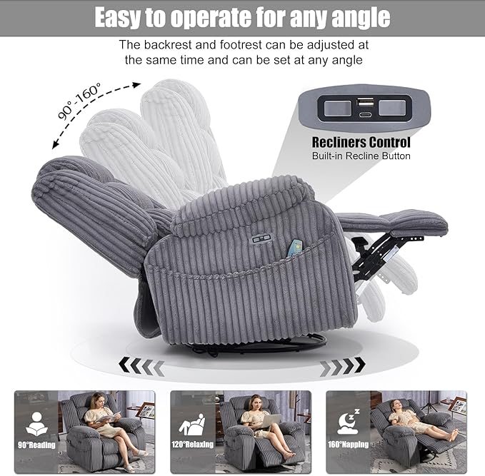 Power Swivel Rocker Recliner Chair for Adults with Massgae and Heat, USB and Type-C Charging Port, Infinite Position, Electric Glider Rocking Chairs for Living Room, Nursery, Grey