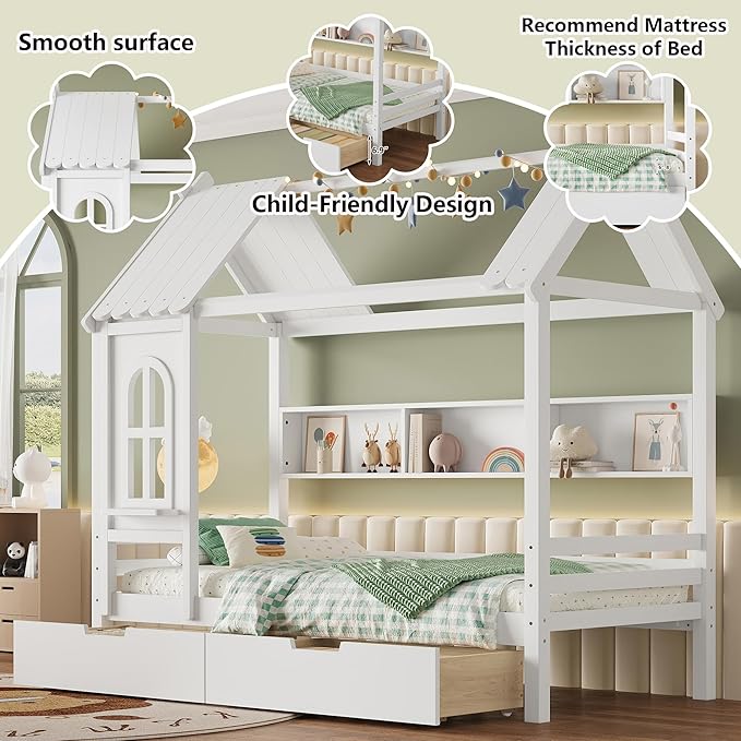 Twin House Bed with Drawers and Window, Solid Wood House Platform Bed with Shelves, Twin Bed Frame with House-shaped Roof for Kids, Boys, Girls, No Box Spring Needed and Childlike Design, White
