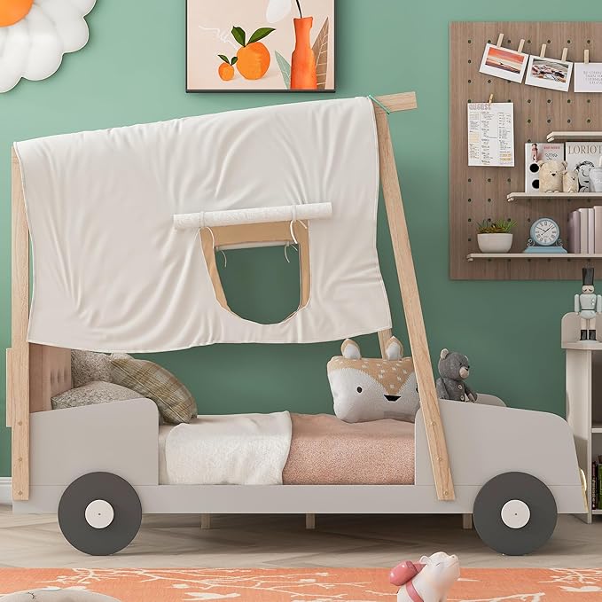 Classic Full Size Car-Shaped Platform Bed with Wheels and Ceiling Cloth, Solid Wood Low Bed Frame with Pillow and LED Lights, Cute Floor Bed for Kids Boy Girls