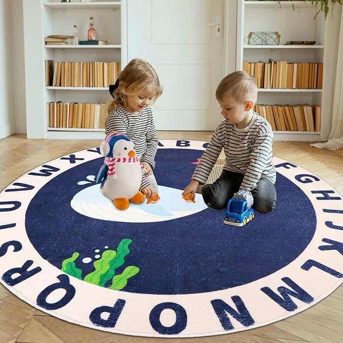 Round Kids Rug for Playroom,5.2ft ABC Alphabet Whale Kid Rug,Non-Slip Kids Rug Play Mat,Washable Educational Classroom Rug Kids Area Carpet for Kids Room Bedroom Nursery Playroom Decor