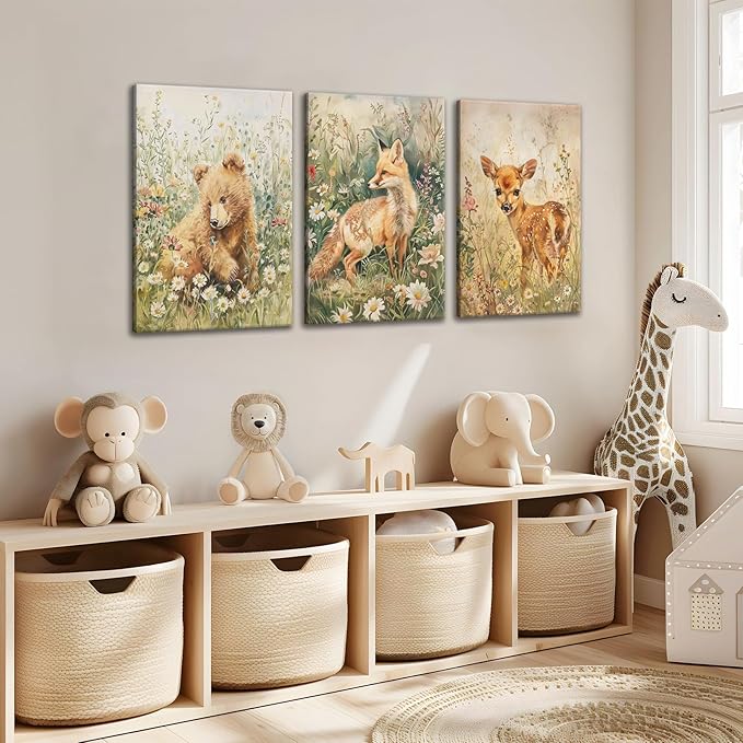 3Pcs Woodland Animal Nursery Canvas Wall Art Forest Animal Nursery Poster Prints Cute Wild Animals Painting Bear Deer Fox Artwork Picture Wall Decor for Boys Girls Room Playroom 12x16in Framed