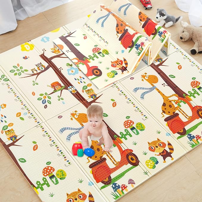 Mergren Extra Large Portable Baby Play Mat (79"×71" x0.6" Thickened Version), Foam Foldable Floor Crawling Mat with Reversible Double-Sided Patterns, Waterproof Anti-Slip, Indoor, Outdoor