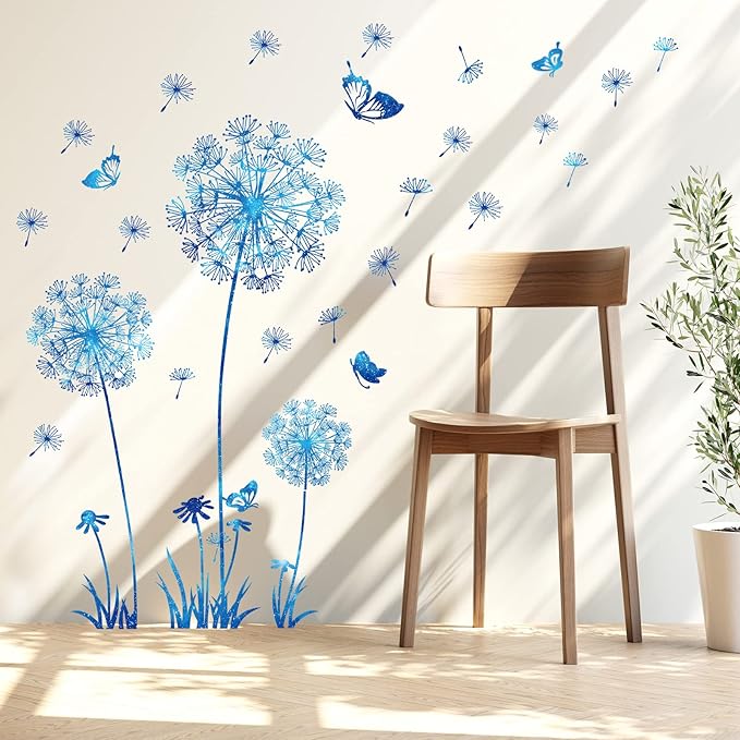 Dandelion Wildflower Wall Decals Art, Calcomanías para Pared Peel and Stick Floral Butterflies Flying Decor for Girls Kids Women Baby Nursery Room Bathroom Sofa Backdrop TV Wall (Light Blue)
