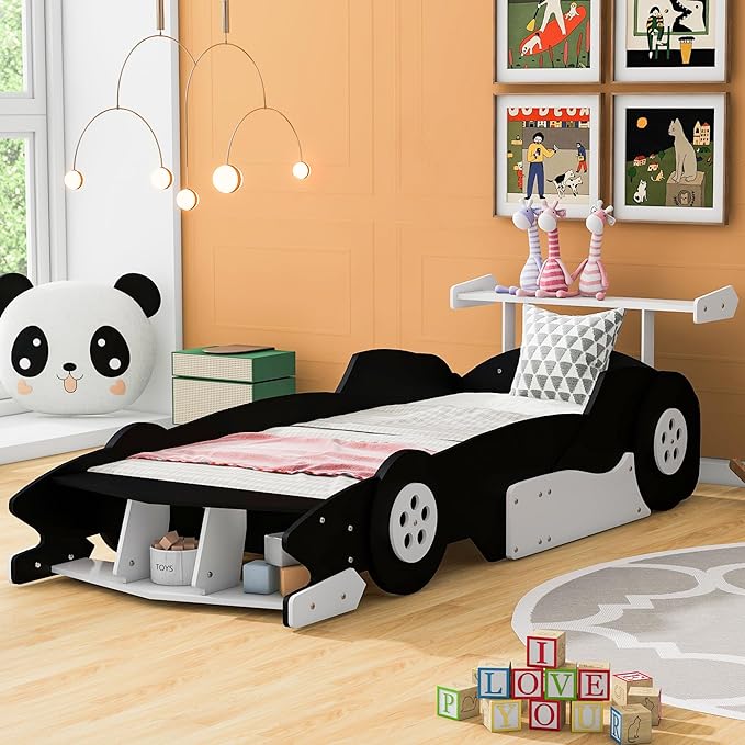 Flieks Twin Size Race Car-Shaped Platform Bed Frame for Boys Girls Kids Adults Toddler with Wheels,Black