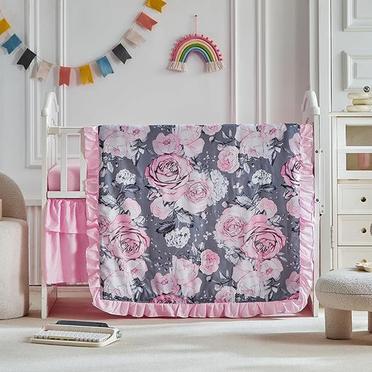 3 Pieces Flowers Mini Crib Bedding Set Baby Ruffled Quilted Comforter with Fitted Sheet and Bed Skirt - Cute Ruffled Shabby Chic Baby Bedding Soft Gray Pink Rose Floral Design