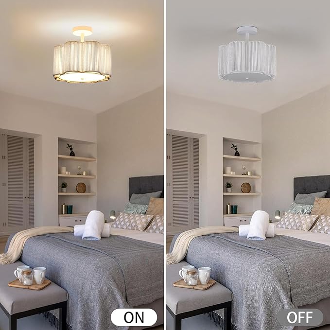 Rattan Semi Flush Mount Ceiling Light, 3-Light Boho Ceiling Lights, Modern Hand-Woven Rattan Boho Light Fixture for Bedroom Living Room Kitchen Hallway and Entryway (White)