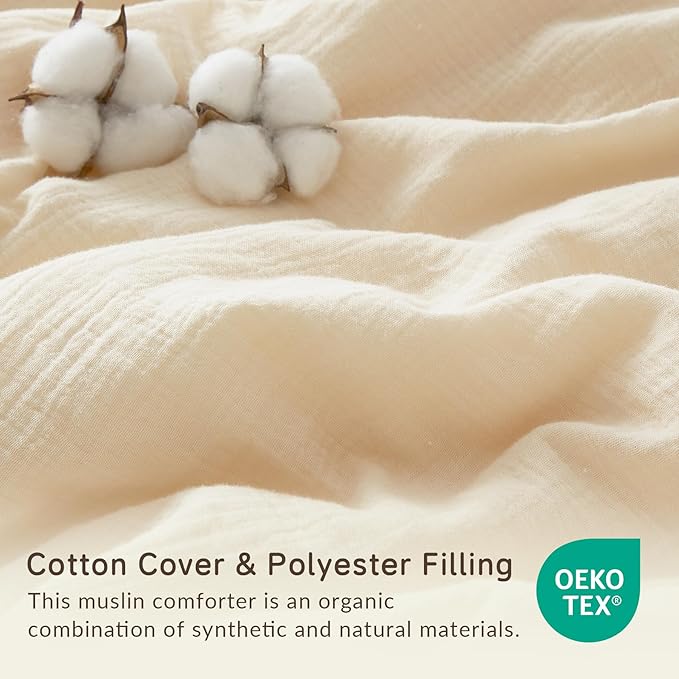 Muslin Comforter Set King Size, Cotton Cover & Polyester Filling, Breathable & Linen Like & Suitable for All-Season Use,3 Pieces(1 Comforter 104"x90", 2 Pillow Shams 20"x36"), Off White