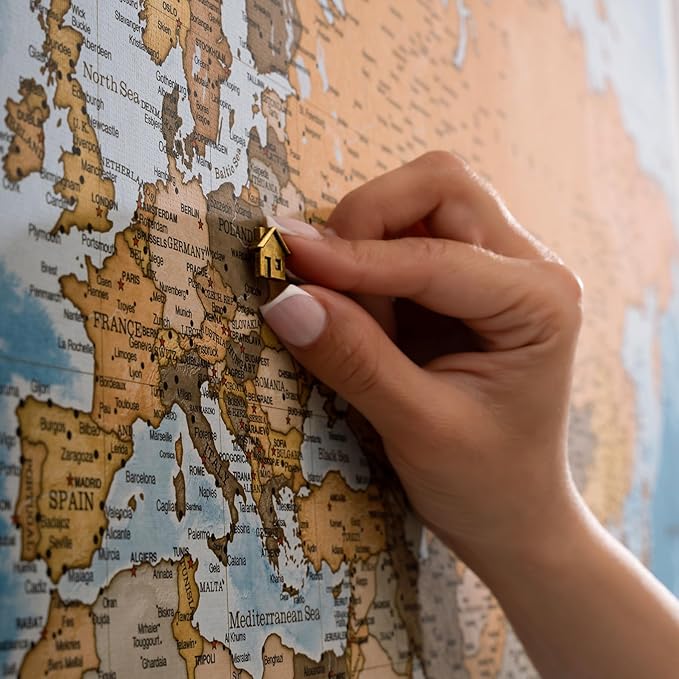 Canvas World Map with Cork Pin Board - English Lettering - Decorative Wall Decoration for All Rooms - Canvas Pictures with World Map Motif (120x80 cm, Pattern 15)