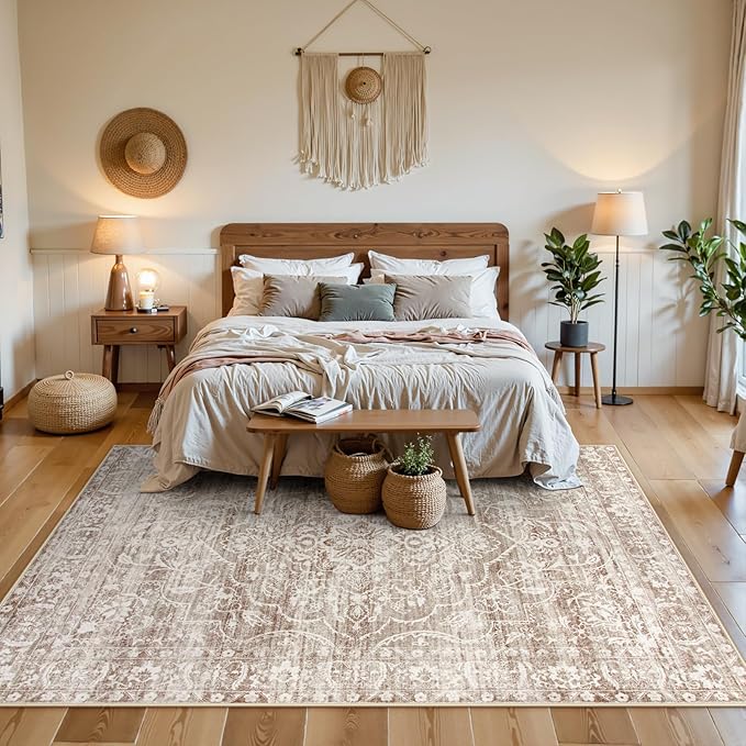Lahome Neutral Living Room Rugs 8x10,Large Washable Rugs for Bedroom,Non-Slip Soft Bedroom Rug 8x10 Under Bed, Boho Vintage Farmhouse Carpet for Dining Room Table Office (Taupe/Beige,8'x10')