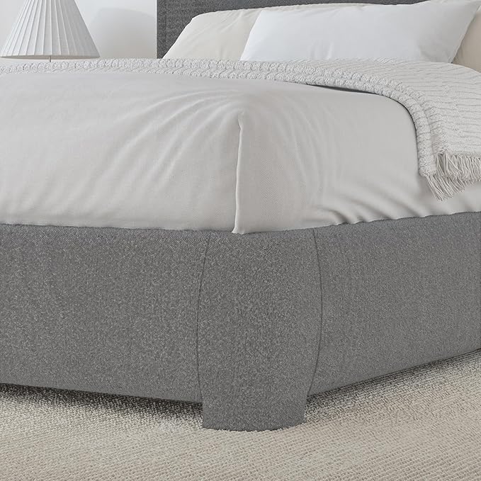 BarnFurin Queen Size Boucle Bed Frame with Headboard, Upholstered Platform Bed with Wood Slats, Soft Rounded Corners, No Box Spring Required, Easy Assembly, Light Grey