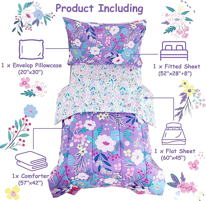 Mooreeke 4 Pieces Toddler Bedding Set - Purple Floral Toddler Comforter Sets for Girls, Includes Comforter, Flat Sheet, Fitted Sheet and Pillowcase, Bed in A Bag for Baby Bedroom