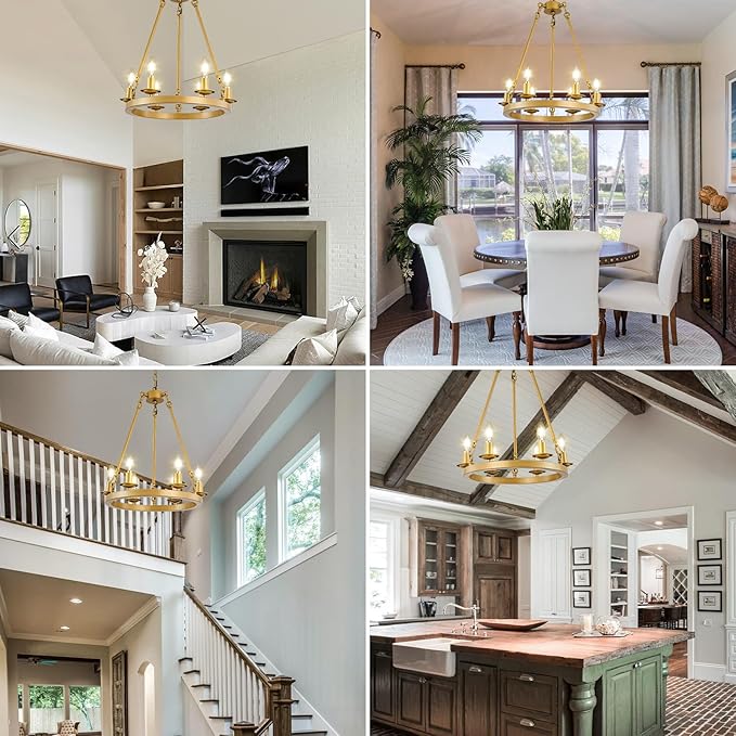 Wagon Wheel Chandelier, 6-Light Gold Round Modern Farmhouse Chandelier with Adjustable Height Hanging Island Light Fixture for High Ceiling Dining Room, Kitchen, Living Room, Entryways, Foyer