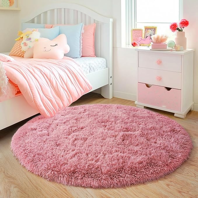 6‘x6’ Blush Round Rugs for Girls Bedroom, Ultra Soft Fluffy Circle Rug for Kids Room, Cute Shag Rugs for Living Room Playroom Tent Castle Home Decor Rug