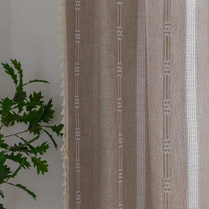 Deeprove Boho Curtains 84 Inches Long for Bedroom, Taupe Cotton Linen White Stripes Embroidery Chic Hollow Geometric, Semi Blackout Window Vintage Drape Tassels, 1 Panel W52 x L84