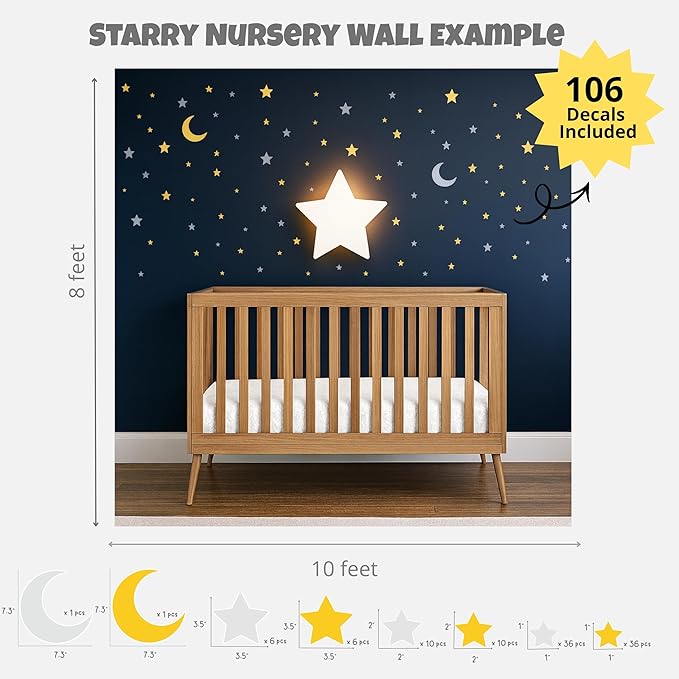 Nursery Night Light – Dimmable Star Wall Light for Newborns & Toddlers Nursery Decor – Rechargeable LED Light with Touch Control for Kids' Safety (Moon & Stars Decals Included)