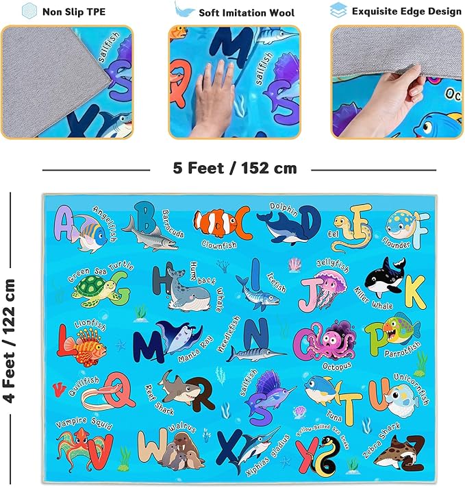 Kids Rugs for Playroom, 4x5 Ft Ocean Rug Baby Play Mat ABC Alphabet Rug Soft Machine Washable Non-Slip Educational Carpet for Classroom Toddler Nursery Kids Room Decor, Blue