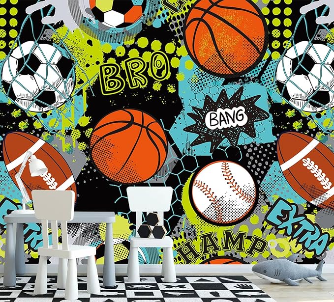 AFZEVEB-Colorful Graffiti Wallpaper Hand-Painted Ball Wall murals for Kids Room 114"x74"(Not Peel and Stick)