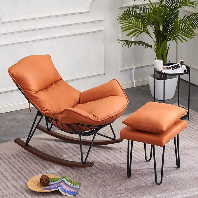 MCombo Modern Rocking Chair, Upholstered Glider Rocker Nursery Accent Chair with Ottoman, Comfy Reading Chairs for Living Room Bedroom Offices HQ203 (Orange)