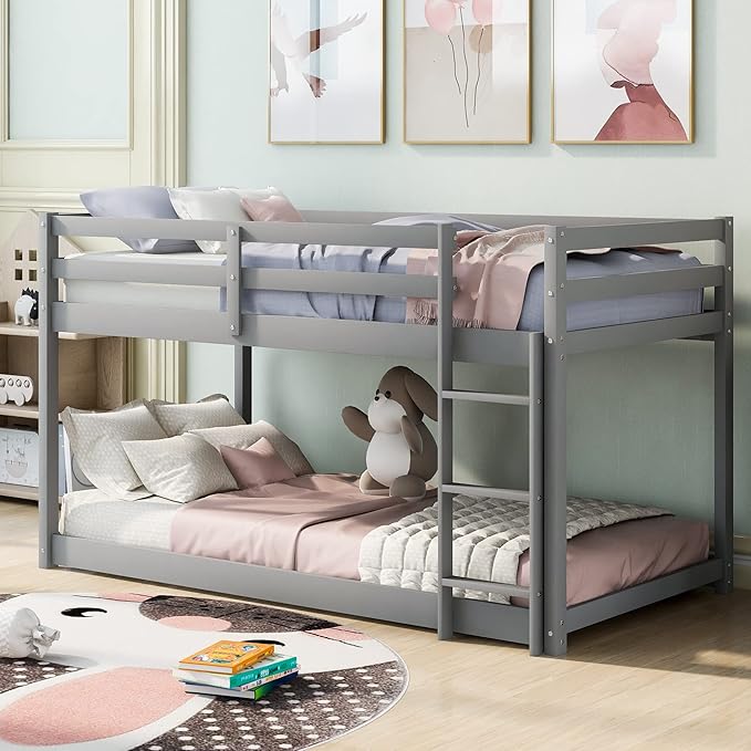 Merax Solid Wood Low Bunk Bed Frame for Kids/Toddlers/Junior, with Built-in Ladder, High Guardrail and Slats, Floor Bed Bottom Bunk, No Box Spring Needed, for Small Spaces, Twin-Over-Twin, Gray