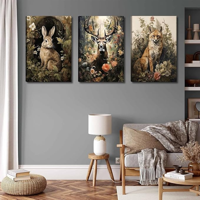 3pcs Vintage Forest Animal Canvas Wall Art Wild Animal Deer Rabbit Fox Paintings Pictures Dark Academia Wall Decor Gothic Botanical Posters Print Artwork for Living Room Office Decor 12x16in