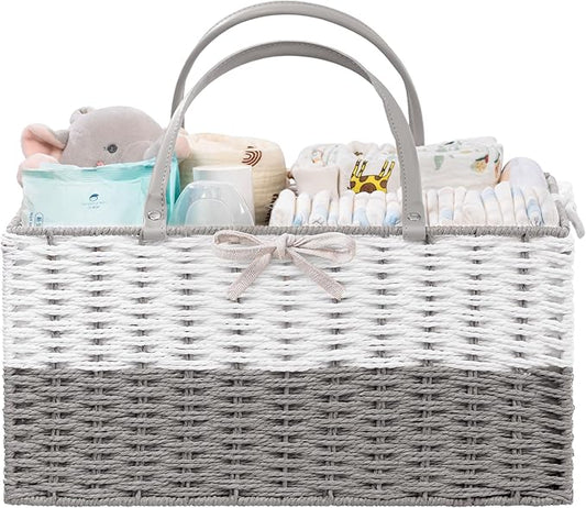 HBlife Large Diaper Caddy Organizer, Portable Paper Rope Woven Basket with Divider, Nursery Diaper Station Organizer, Baby Shower Gifts Basket & Car Organizer, Newborn Essentials