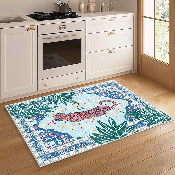 2x3 Washable Non-Slip Blue Tiger Rug for Bathroom Kitchen Entryway Whimsical Animal Cheetah Print Jungle Rug Boho Vintage Soft Cozy Tropical Woodland Small Carpet for Hallway Laundry Room