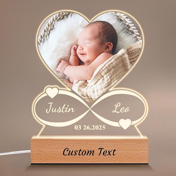Personalized Baby Gifts for Kids, Custom Acrylic Plaque Picture Frame with Name Night Light for Boys Girls, Perfect Birthday Newbown Baby Shower Gifts, Children's Nursery Room Decor