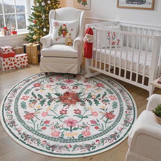 Wonnitar Round Christmas Rug Washable, Christmas Bedroom Decor 5ft Round Area Rug, Holiday Decor Under Xmas Tree Non Slip Floral Print Circle Carpets for Living Room Kitchen Dining Room
