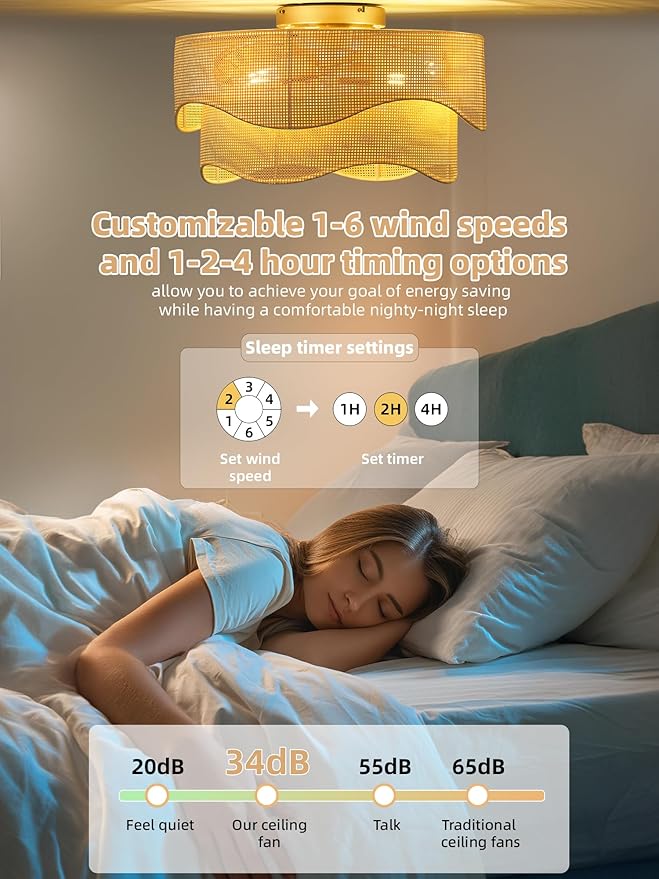 Flush Mount Ceiling Fan with Lights, 20" Low Profile Boho Ceiling Fan with Light Remote Control, Caged Rattan with 6 Speeds for Bedroom, Nursery, Living Room