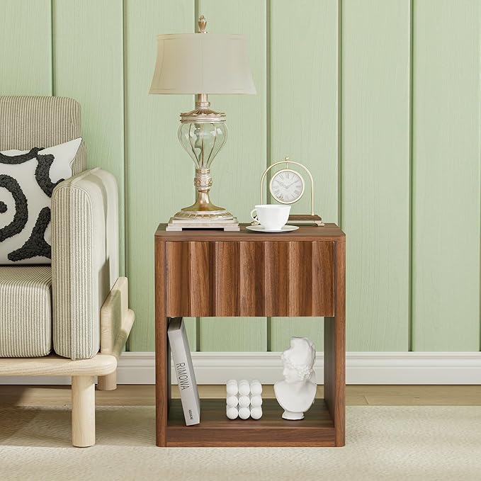 Fluted Dresser, Small Nightstands Set of 2, Natural Bedside Table with Drawer and Storage, Mid Century Modern Side Table for Bedroom Sofa
