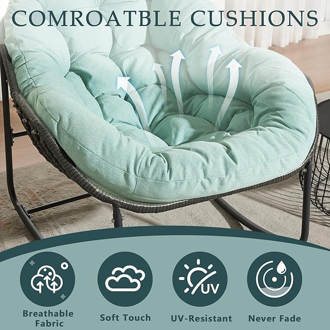 Oversized Outdoor Papasan Rocking Chair Set of 2 with Soft Cushion, Comfy Patio Egg Chair, Wicker Lounge Rocker for Balcony/Porch/Garden, Reinforced All Weather Rattan Frame, Mint Green