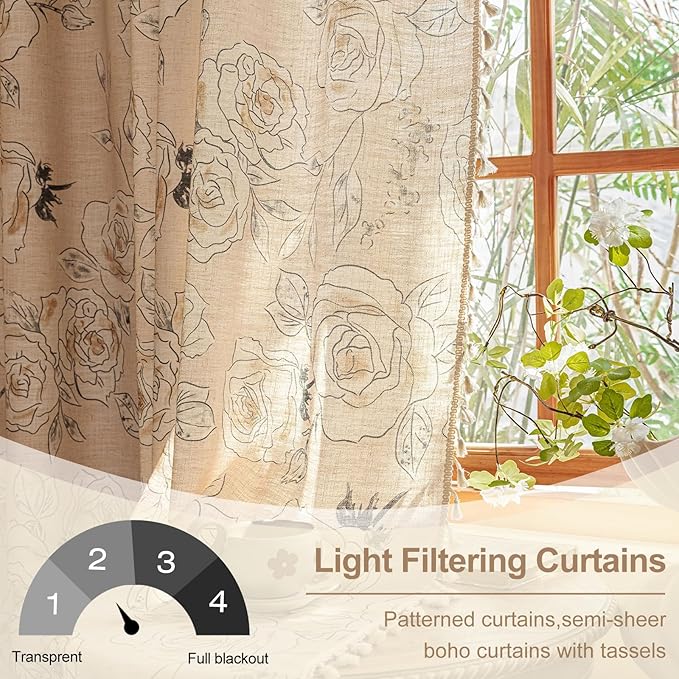 OYX Boho Floral Semi-Blackout Curtains for Bedroom, 2 Panels 52x96 Inches, Grey Rose Vintage Country Pattern with Tassels, Rod Pocket Design, Farmhouse Window Treatments