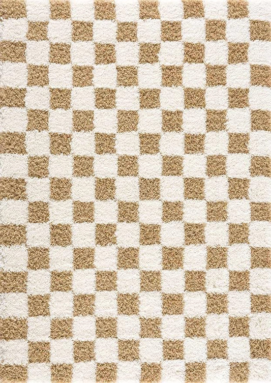 BoutiqueRugs Atira Modern Checkered Shag Area Rug - High Pile Fluffy Shaggy Carpet for Kids Room, Nursery, Living Room - Yellow, Cream, White, Mustard - 6'7" X 9'6" (6x9)