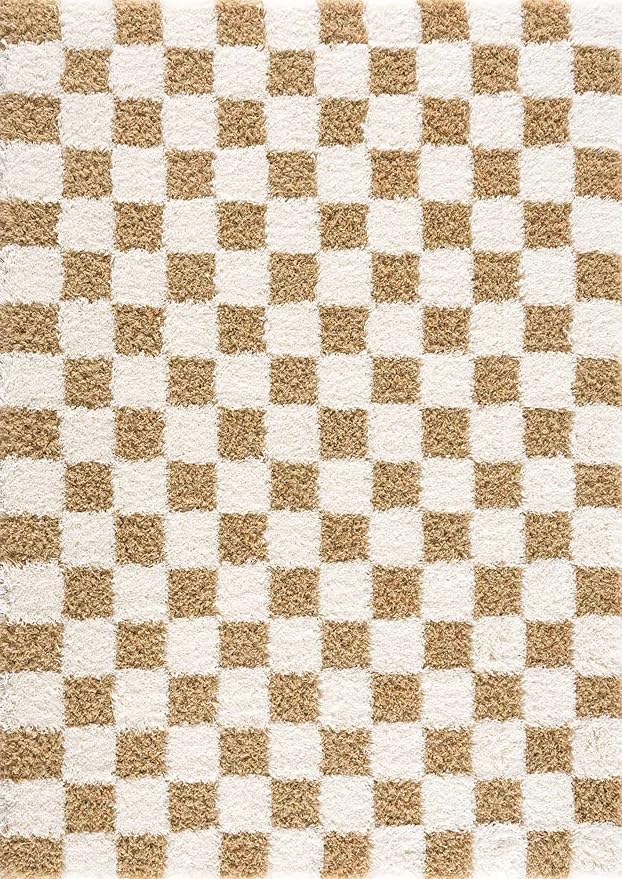 BoutiqueRugs Atira Mustard Checkered Shag Area Rug - Light Mustard, Cream - 18" x 18" Sample