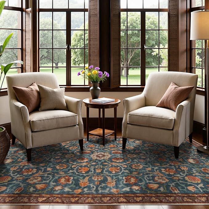 Anidaroel Floral Living Room Rugs 5x7, Washable Large Area Rugs for Bedroom Non Slip Soft Rug, Low Pile Stain-Resistant Dining Room Mat Boho Carpet for Farmhouse Home Office Dorm, Blue&Red