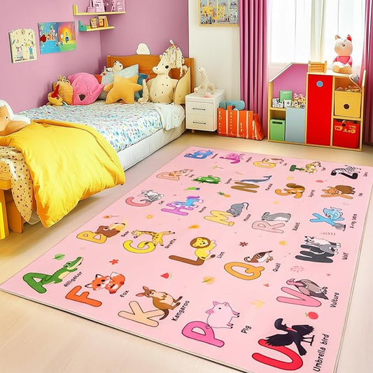 Kids Rugs for Playroom, 5x7 Feet Educational Rug for Learn The ABC Alphabet, Soft Machine Washable Non-Slip Cute Cartoon Animals Carpet for Classroom Toddler Nursery Kids Room Decor, Pink