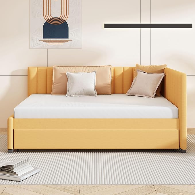 Harper & Bright Designs Full Size Upholstered Daybed with Trundle Sofa Bed Frame for Boys Girls Kids Adults Toddler No Box Spring Needed, Linen Fabric(Yellow)