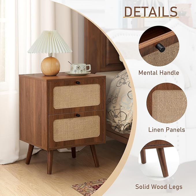 16" Wood Nightstand Set of 2, Farmhouse End Table with 2 Storage Drawer, Mid-Century Modern Bedside Table with Linen Decor, Minimalist Night Stand for Living Room, Bedroom & Small Space (Walnut)