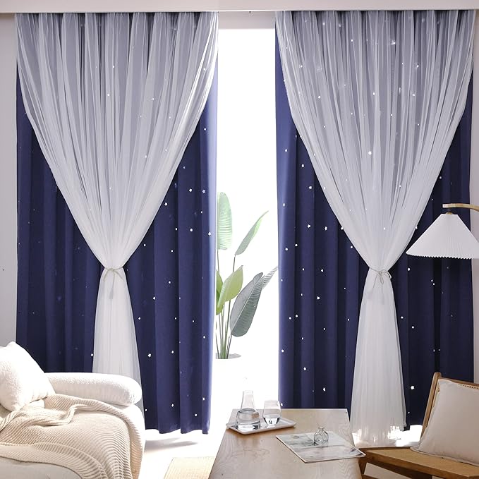 Kinryb Kids Star Cutout Curtains for Bedroom/Living Room/Classroom,2 Free Tiebacks Sheer Overlay 2 Panel Set, Double Layer Curtains for Kids Room(Each Piece W70xL84 Inches 2 Pcs Navy Blue)
