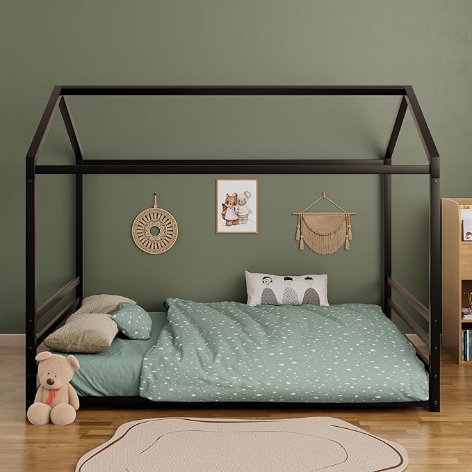 Harper & Bright Designs Full Size Montessori Floor Bed for Children, Metal House Bed Frame with Roof and Fence, Kids Floor Bed Frame for Boys Girls, Easy Assemble, No Slats,Black