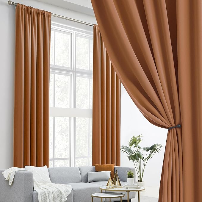 DUALIFE Brown Orange Blackout Curtains Living Room 96 Inches 2 Panels - Back Tab and Rod Pocket Boho Fall Decor Room Darkening Bedroom Curtains Drapes, Golden Oak Color