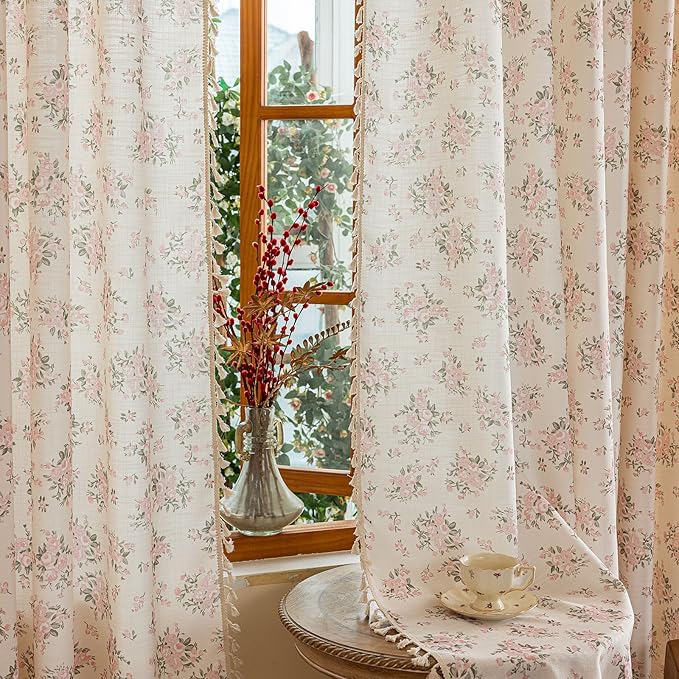 OYX Pink Boho Floral Curtains 96 Inch Long 2panels, French Vintage Farmhouse Patterned Decor Window Drapes with Tassels, Girls Semi-Sheer Light Filtering for Bedroom Living Room (Rod Pocket, 52Wx96L)