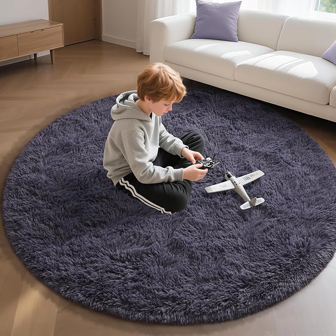 EVOIONOS Grey Purple Round Rug for Living Room, 6x6 Ft Fluffy Soft Circle Area Rugs for Bedroom, Plush Shaggy Circular Carpet for Indoor Floor Bedside Kids Nursery, Home Decor Aesthetic