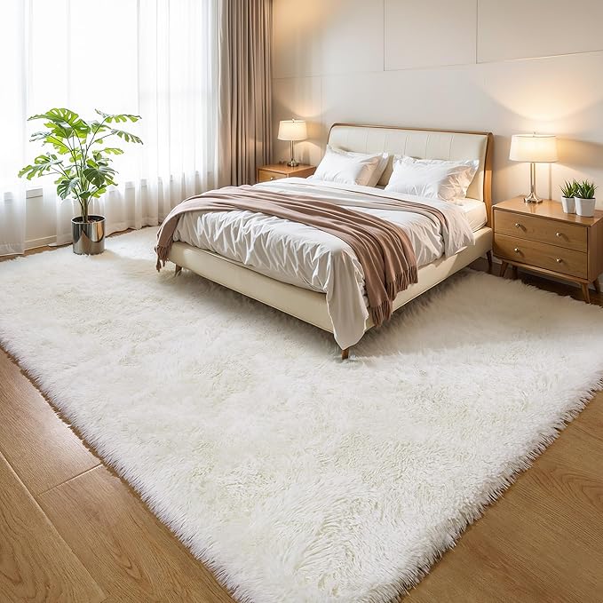 Fluffy 9x12 Large Area Rugs for Bedroom Living Room, Cream White Soft Washable Shag Carpet for Kids Room, Nursery, Dorm Decor, Colorful Cute Plush Fuzzy Rugs for Baby Toddler